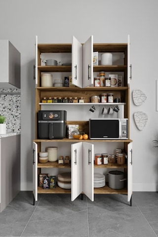 Plain Metal Ayak Metal Kulp Pla8120 Kahve Köşesi 8 Kapaklı Çok Amaçlı Dolap Erzak Dolabı Kiler Dolabı Saklama Dolabı Ekru Ceviz