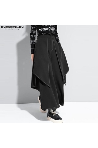 Incerun Sonbahar Sahte İki Parçalı Pileli Düzensiz Etek Uzun Pantolon Siyah