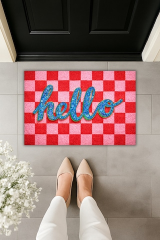 Rugmood Modern Dijital Baskı Paspas - Hello Yazılı Kırmızı Kareli Şık Kapı Önü Paspası