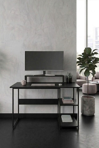 Vienna 2 Raflı Metal Ayak Çalışma Masası Laptop Masası Bilgisayar Masası 60x120cm Siyah- Siyah Siyah