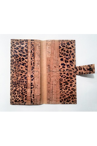 Doğal Vegan Mantar Derisinden Telefon Bölmeli Leopar Desenli Clutch Kadın Cüzdan Leopar