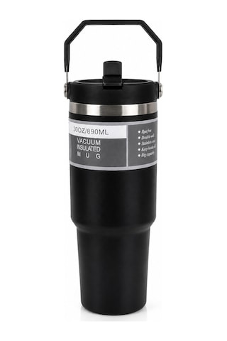 890 Ml Çelik Termos Bardak, 3 Şekilde Ağız Kullanımlı, Sızdırmaz Paslanmaz Çelik Pipetli Bardak Siyah