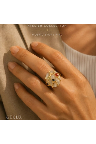 Riody Atelier No.01 Mosaic Stone Ring Koleksiyon Serisi Doğal Taş Statement Ring Sarı Altın