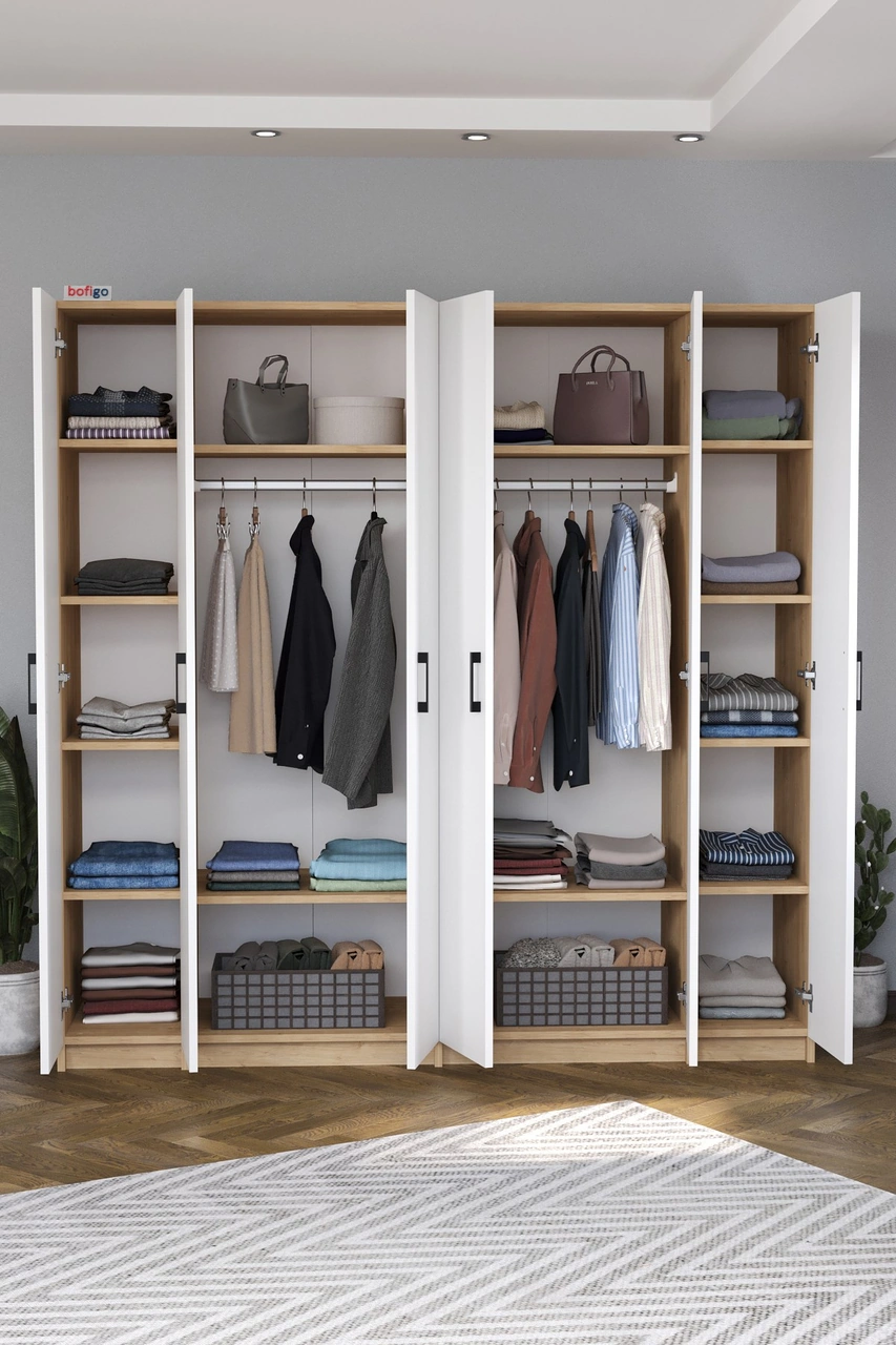 Bofigo 6 Kapaklı 16 Raflı Gardırop Elbise Dolabı 6 Kapaklı Gardırop Smyrna Safir Meşe Beyaz Kahverengi