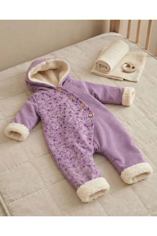 Tuffy Kids Kız Bebek Lila Çiçekli Kapüşonlu Düğmeli Tulum Lila-ekru