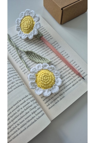Papatya Amigurumi Set Kitap Ayracı Kalem Süsü Kalem Başlığı Hediyelik