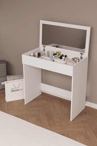 Df02114 Kapaklı Aynalı Bölmeli Makyaj Masası Beyaz