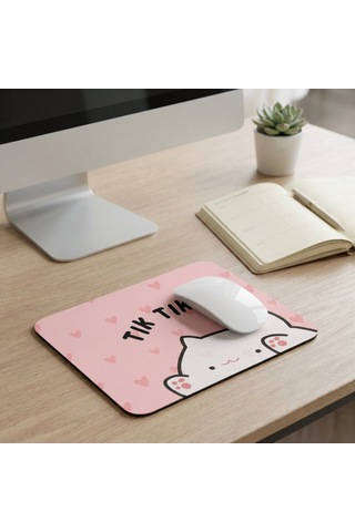 Tatlı Kedi Temalı Kalpli Ergonomik Pembe Mouse Pad - 23x19 Cm - Kaydırmaz Tabanlı Kaliteli Fare Altlığı Mousepad