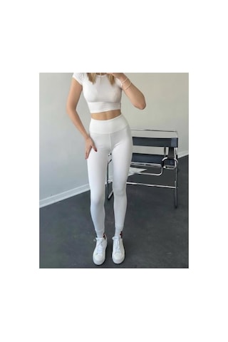 Mercan Kids & Butik Kadın Yüksek Bel Toparlayıcı Tayt Dikişsiz İç Göstermez Spor Taytı Beyaz