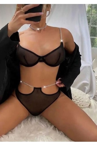 She's 2126 Zincirli Transparan Siyah Fantezi Takım