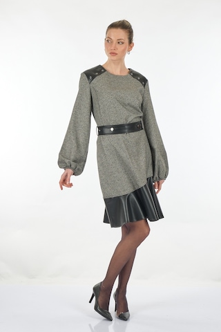 Unique Mode Yuvarlak Yaka Deri Detaylı Siyah Kadın Elbise Uw23350 001