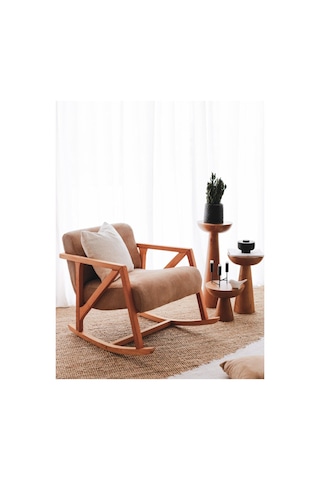 Sallanan Ahşap Berjer Kadife Camel