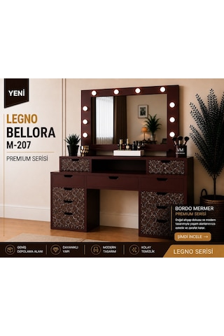 Legno Bellora Premıum Aynalı Bordo Mermer Desenli Makyaj Masası Çok Renkli
