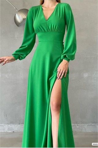 Lior Design Kadın Vintage V Yaka Yırtmaçlı Maxi Uzun Kollu Abiye Elbise Yeşil