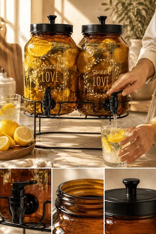 2'li Amber Cam İçecek Sebili Musluklu Standlı Limonata Dispenseri Sunumluk Set 4 L + 4 L