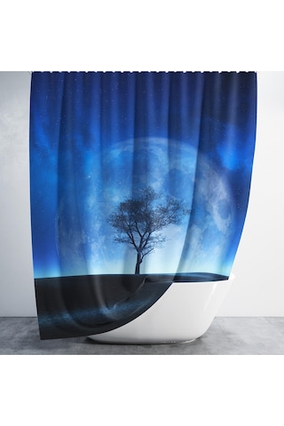 Banyo Duş Perdesi Ay Desen Manzaralı Dijital Baskılı Banyo Perdesi, Tek Kanat C Halkalı-180x200 Cm Koyu Mavi