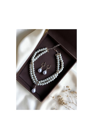 Zirkon Taşlı Tasma Choker İnci Kolye Ve İnci Küpe Seti Düğün Nikah Kına Beyaz 96662388