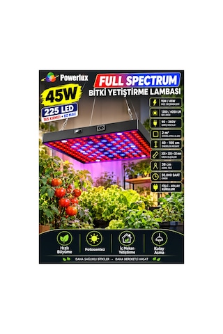 45w Full Spectrum Led Bitki Yetiştirme Lambası - 225 Led Kırmızı Mavi Işık 30.5x30.5 Cm Bitki Büyütme Paneli Fişli / Asma Teli Dahil Tak Çalıştır Set