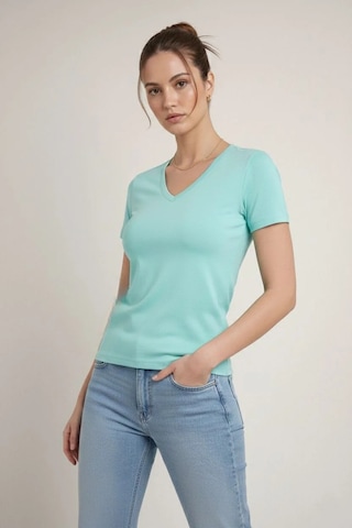 Tarzyeri Kadın V Yaka Tişört Kısa Kol Slim Fit T-shirt 3'lü Set Toz Pembe-sarı-turkuvaz Çok Renkli