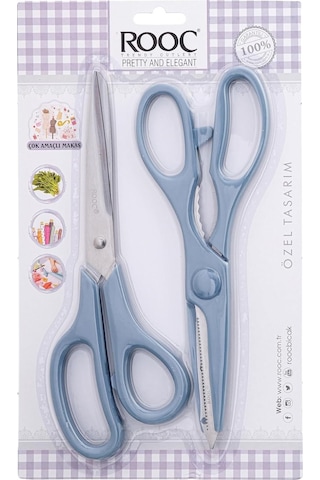 Rooc Premium Serisi Ergonomik Saplı Çelik Gıdaya Temasa Uygun 2'li Mutfak Makası, Mavi