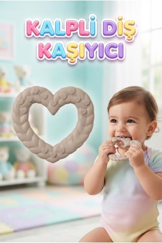 Kalp Şekilli Esnek Bpa İçermeyen Kabartılı Pastel Renkli Oyuncak Bebek Diş Kaşıyıcısı Gri