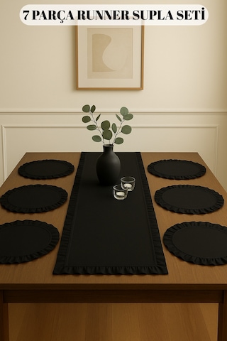 Morlay 7 Parça Fırfırlı Sofra Sunum Seti 6 Adet Amerikan Servisi Supla + 1 Adet Fırfırlı Runner - 40x110 Cm Siyah