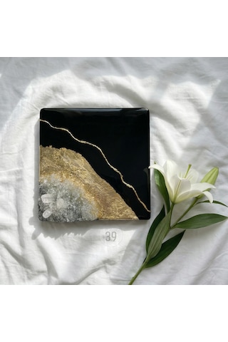 Geode Nero Kuvars Taşlı Modern Epoksi Duvar Tablosu Enerjisel & Dekoratif Sanat 20x20 Cm