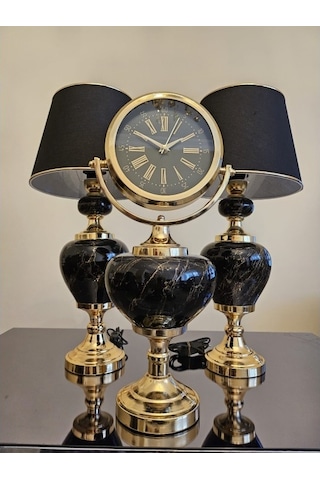 Gold Metal Detaylı Siyah Abajur Ve Saat Set Diğer