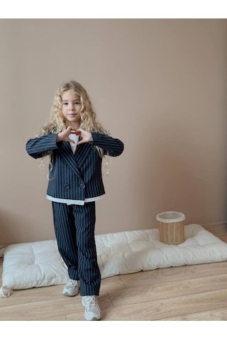 Miniko Kids Kız Çocuk Poliviskon Çizgili Blazer Ceket Pantolon Dokuma Kumaş Takım Lacivert