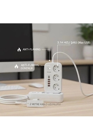 Akım Korumalı Priz Ve Masaüstü Şarj İstasyonu Kablosuz 3 Priz ,4 Usb, 2 Type-c Girişli 2 Metre 0-2