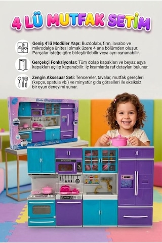 4 Modüllü 40 Parça Aksesuarlı Fırınlı Ve Buzdolaplı Karlar Ülkesi Temalı Oyuncak Evcilik Seti 1
