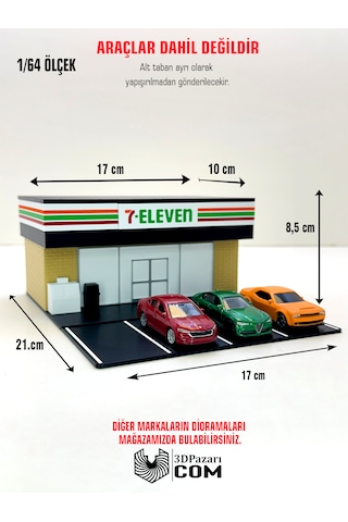 3d Baskı 1/64 Ölçekli 7 Eleven Bina Tasarımlı Diorama Araç Sergileme Garajı