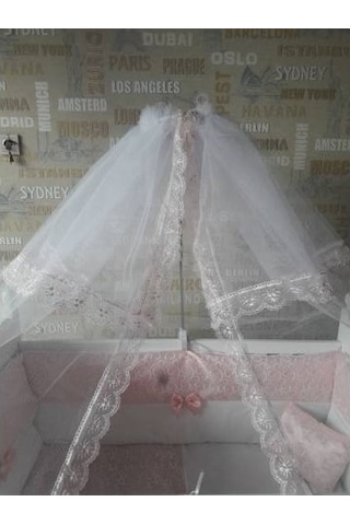 Hugoy Lüks Güpürlü Bebek Beşik Cibinlik + Demir Pembe