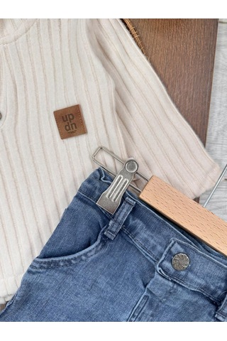 Yumuşak Doku Sweatshirt Esnek Kot Pantalonlu Erkek Bebek 2'li Takım Krem