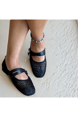 Ne&ve Shoes Siyah File Kadın Kare Burunlu Çapraz Bantlı Günlük Rahat Babet