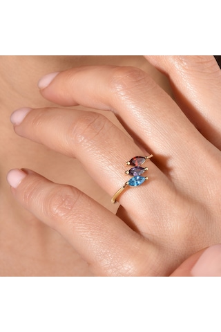 14 Ayar Altın Kaplama Markiz Renkli Taşlı Yüzük - Rs00105 Altın