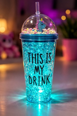 Sevimli Renkli Çılgın 450ml Led Işıklı This İs My Drink Temalı Pipetli İçecek Bardağı Suluk 2642mavi Mavi