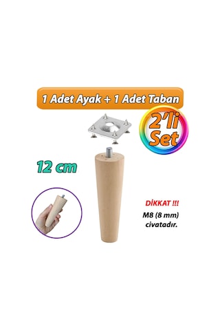 Ahşap Ayak 12 Cm 2'li Set M8 Civatalı Bağlantı Aparatlı Dolap Mobilya Koltuk Kanepe Destek Ayağı Ayakları Ahşap