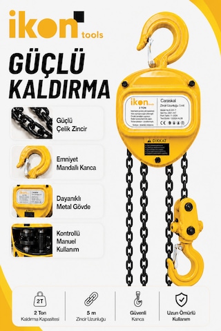 2 Ton 5 M Zincirli Caraskal Manuel Vinç Emniyet Mandallı Kanca Çelik Zincirli Kaldırma Aparatı