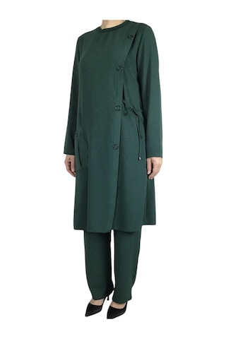 Kadın Önden Tek Cepli Sahte Düğme Detaylı Pantolon Beli Lastikli İkili Takım Yeşil