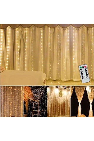 Perde Led- 3x3 Metre - 8 Fonksiyonlu - Usb + Adaptör - Kancalı Sarı
