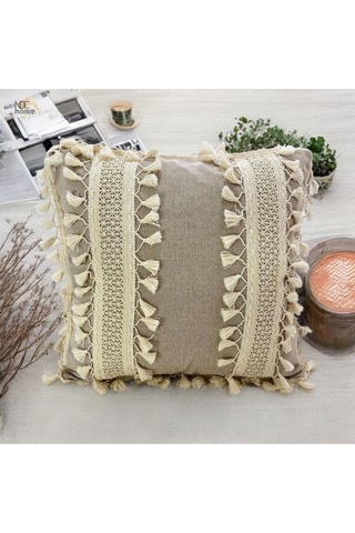 Dnc Home Tekstil Ndchome Bej Keten Kalın Dantel Ponponlu Kırlent Kırlent Kılıfı 43 X 43