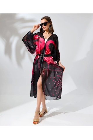 Assema Kadın Rahat Kesim Şifon Kimono - Siyah Çok Renkli