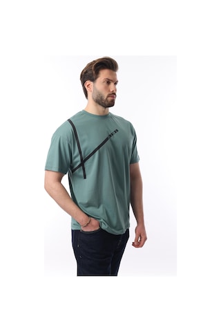 Madmext Yeşil Bisiklet Yaka Şerit Detaylı Pamuklu Erkek T-shirt E7033 Yeşil