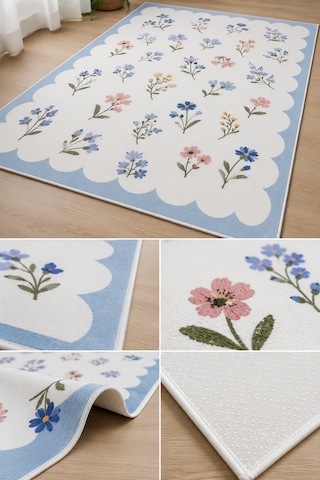 Renkli Floral Desen Mavi Çerçeveli Baskılı Kaymaz Yıkanabilir Salon Oturma Odası Mutfak Balkon Halısı Yolluk