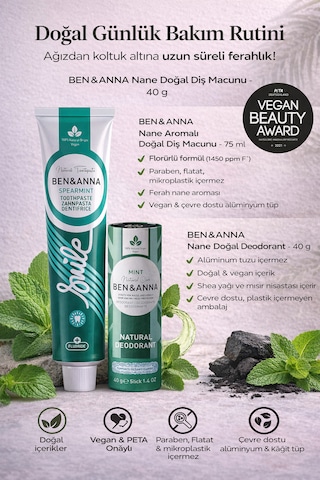 Ben & Anna Mint Doğal Bakım Nane Aromalı Florürlü Diş Macunu 75 Ml + Doğal Deodorant 40 G Vegan
