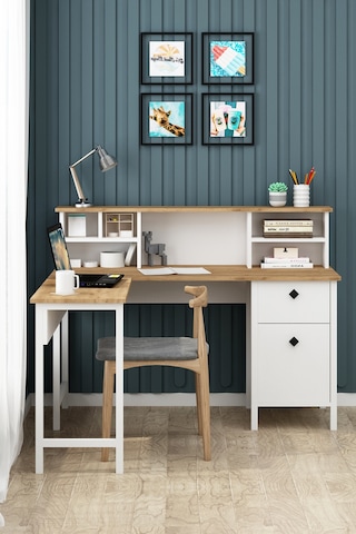 Remy Çalışma Masası Raflı L Köşe Bilgisayar Ofis Masası Sepet-beyaz Sepet-beyaz