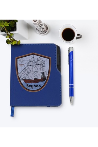 Kişiye Özel Gemi Tasarımlı Lacivert Termo Deri Defter Kalem Seti- N11.2120