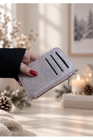 Elpida Bags Kadın Simli Işıltılı Dik Fermuarlı Kartlık Pembe