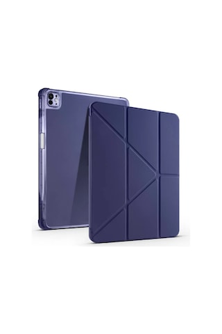Ennar Apple Uyumlu iPad  Air 13 İnç 2024 Üçgen Standlı Kalem Bölmeli Uyku Modlu Tablet Kılıfı+tablet Kalemi Tablet Kılıfı